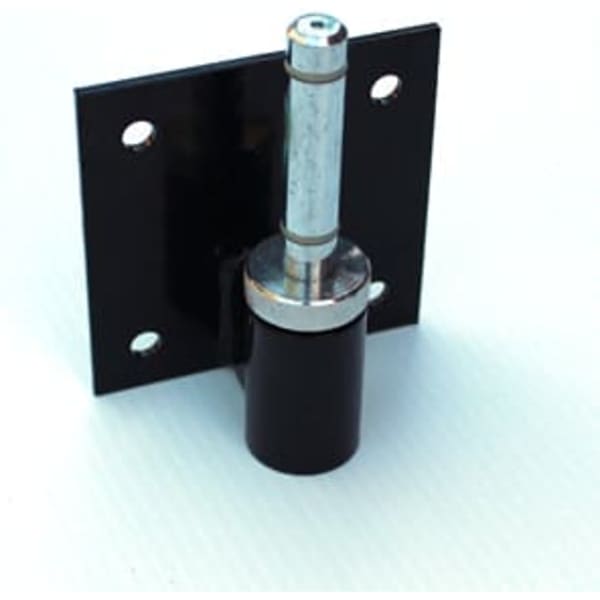 A black wall mount bracket with a metallic cylindrical part and a flat backing plate featuring holes for installation.