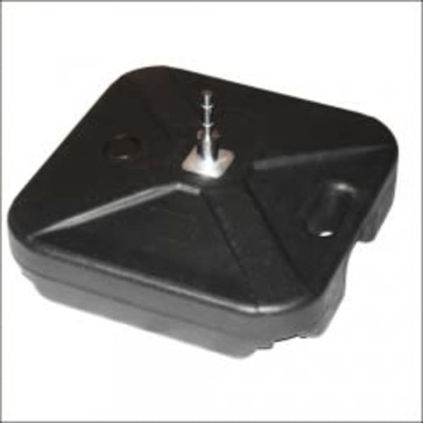 A black weighted base with a central screw for securing items, featuring a square design.