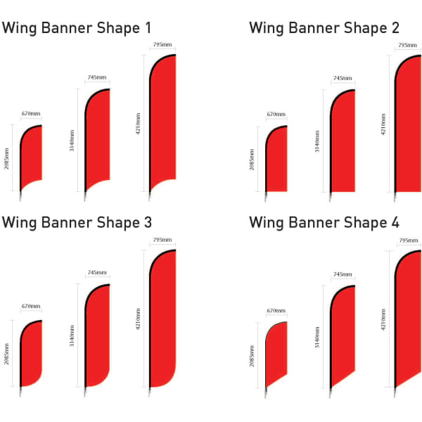 Four designs of large double-sided wing banners in red, showcasing varying shapes and dimensions. Each has a logo.