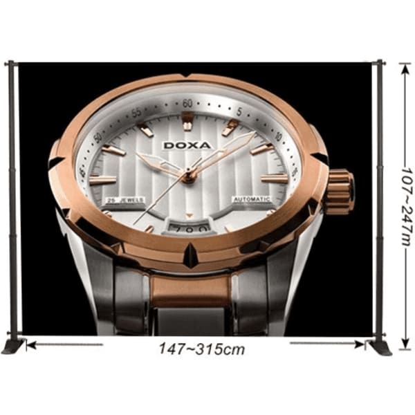 An adjustable media wall featuring a close-up of a watch with a silver and rose gold design. It includes a brand logo.