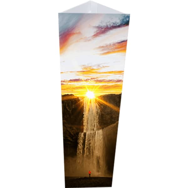 A tall, triangular light cover featuring a sunset over a waterfall, with vibrant orange and purple hues.