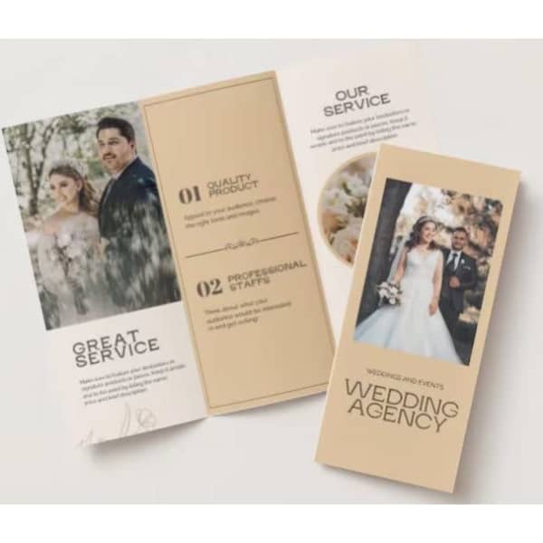 A set of folded brochures featuring a neutral beige colour, images of couples, and text highlighting services.