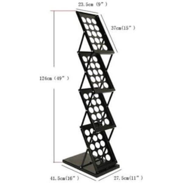 A black brochure holder with a modern design, featuring multiple display sections and a sturdy base.