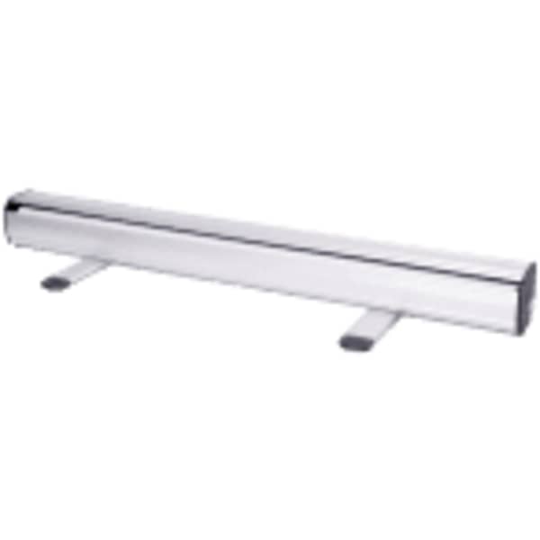 A pull-up banner stand in silver, designed for displaying promotional graphics. It features a clean and sleek design.