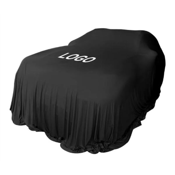 A black stretch cover designed to fit over a large object, featuring a logo.