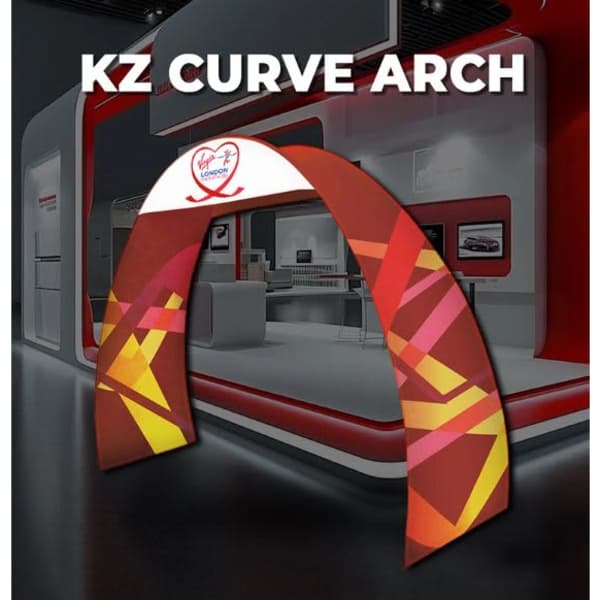 A curved arch featuring a decorative design in red, orange, and yellow, with a logo at the top.