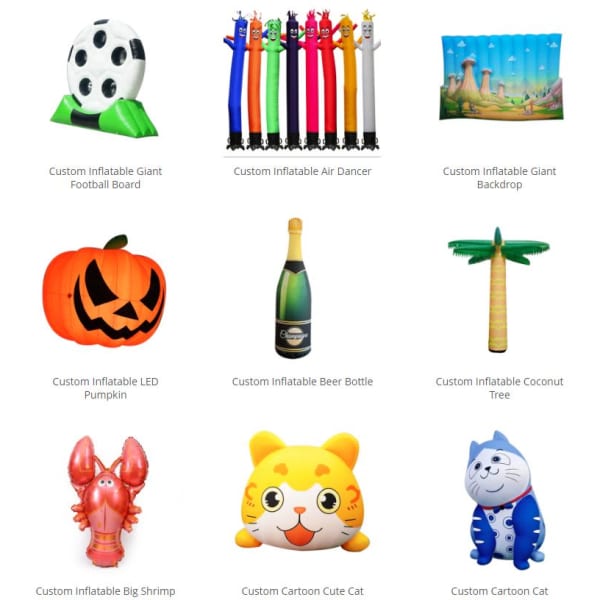 A variety of custom inflatable products, including a football board, air dancer, pumpkin, beer bottle, and themed cartoon figures.