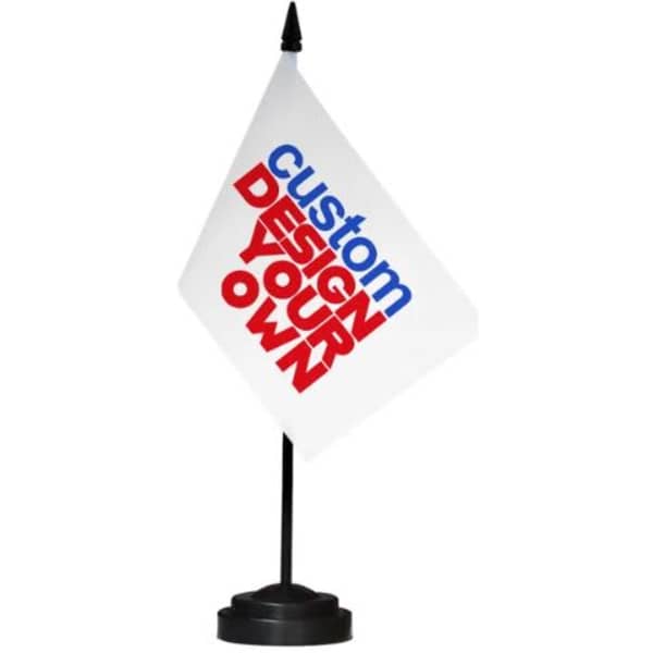 A desk top flag featuring a white flag on a black stand displaying the words 