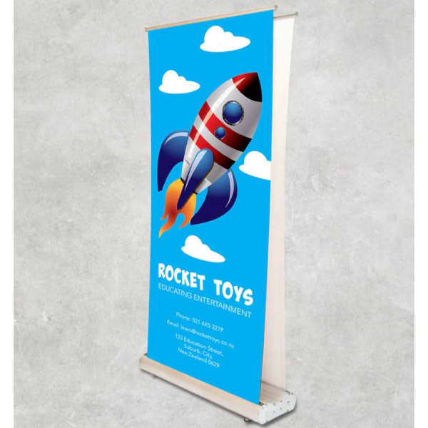 A double-sided lightweight pull-up banner features a rocket design on a blue background, with a logo at the bottom.