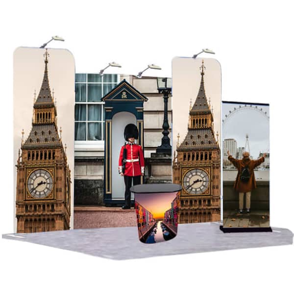 A promotional exhibition booth featuring images of Big Ben, a guard, and a scenic backdrop, with a cylindrical display stand.