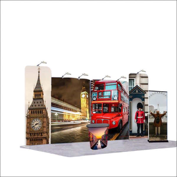 A multi-panel tension fabric display with images of Big Ben, a red bus, and a London guard in vibrant colours.