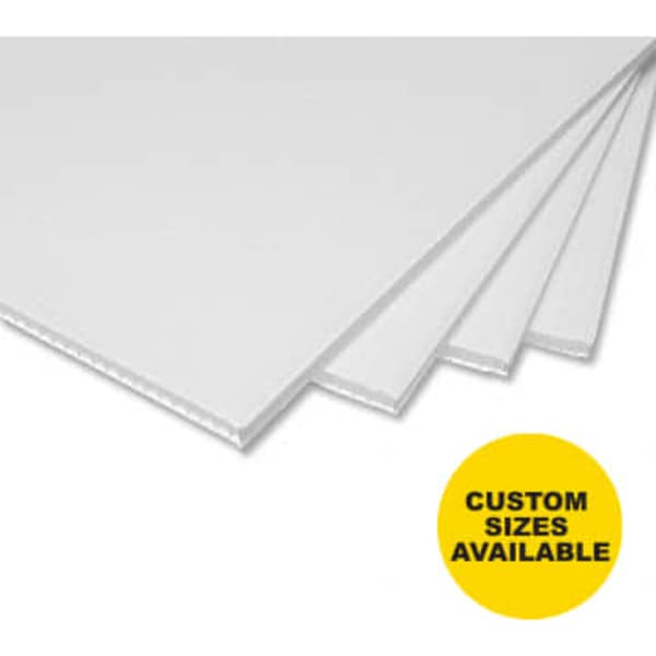A stack of white Corflute signs with a textured surface. Custom sizes available.