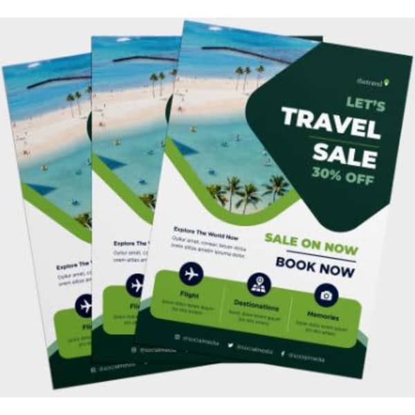 Three colourful promotional flyers featuring tropical beach imagery and details about a travel sale.