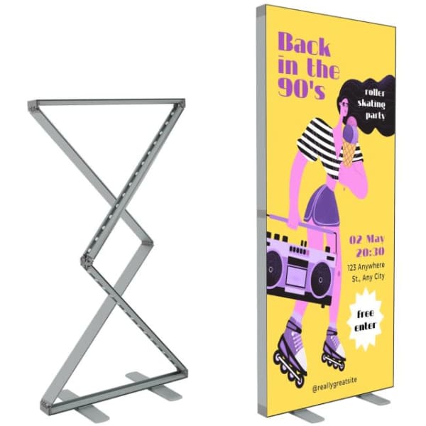 A pop-up light box display featuring a vibrant design with bright yellow, purple, and black colours. It has a supporting frame.