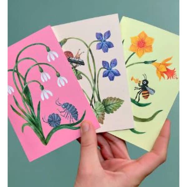 A hand holding three greeting cards featuring floral and insect illustrations in pink, cream, and yellow.