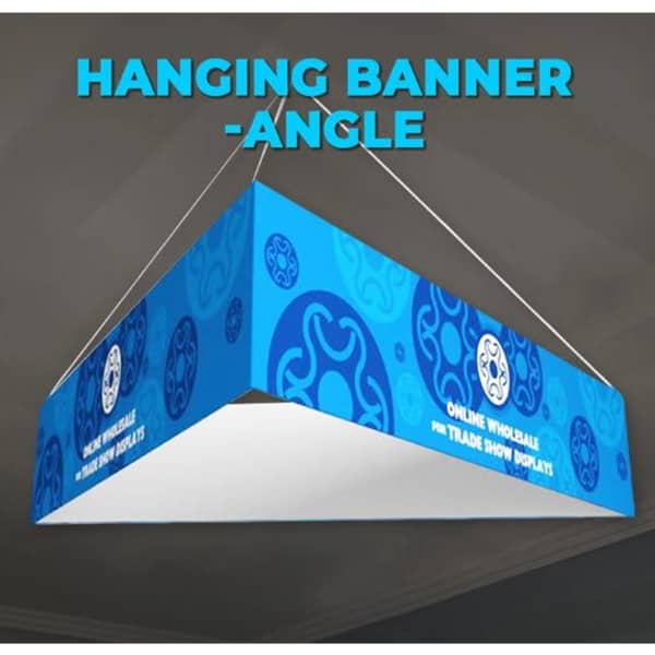 A triangular hanging fabric display in blue with intricate patterns and a white underside, featuring a logo.