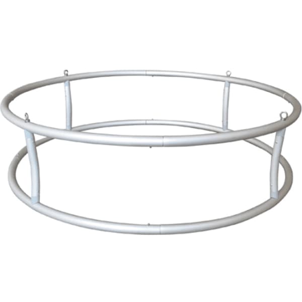 A circular hanging frame made of silver metal tubing, designed for tension fabric displays.