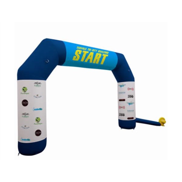 An inflatable air arch in blue and white with a start banner and multiple logos on the sides.
