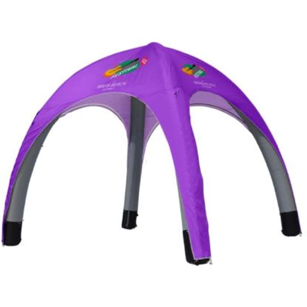 A purple 10ft air tent with a grey frame and logo branding. The structure has four curved legs for stability.
