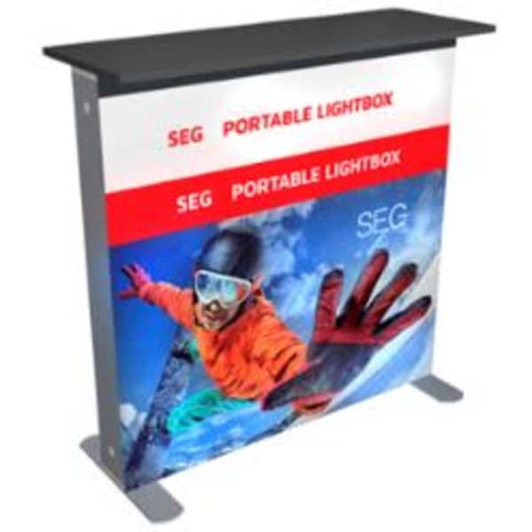 A portable lightbox display with a black top and colourful graphics of a person skiing, featuring a logo.