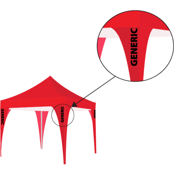 A red marquee leg cover featuring a white accent and a logo, designed to fit on tent legs.