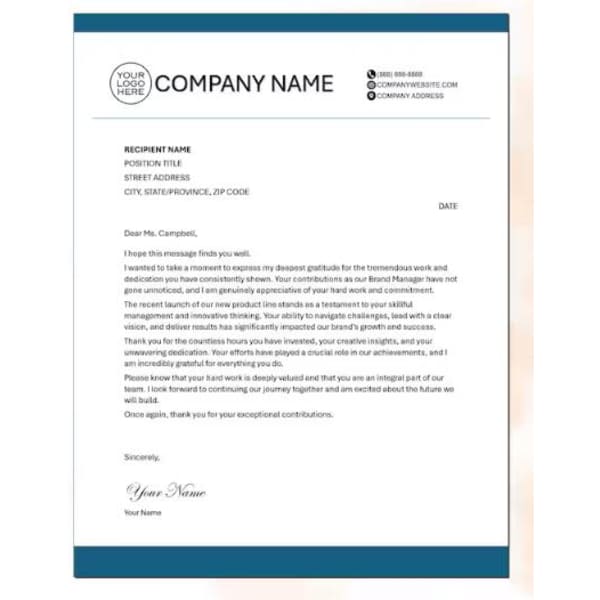 A letterhead template in white with black text, featuring a logo and placeholders for recipient details and a message.