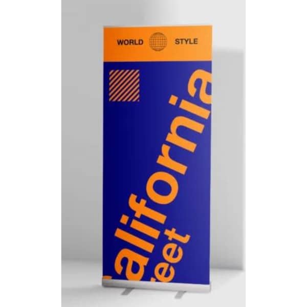 A blue and orange pull-up banner featuring bold text and a patterned design, with a logo at the top.