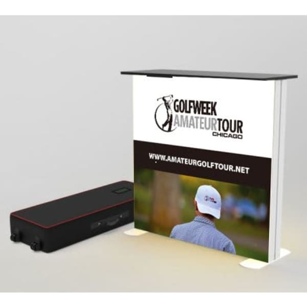 A light box table featuring a PVC frame, displaying a promotional logo and website, in black and white colours.