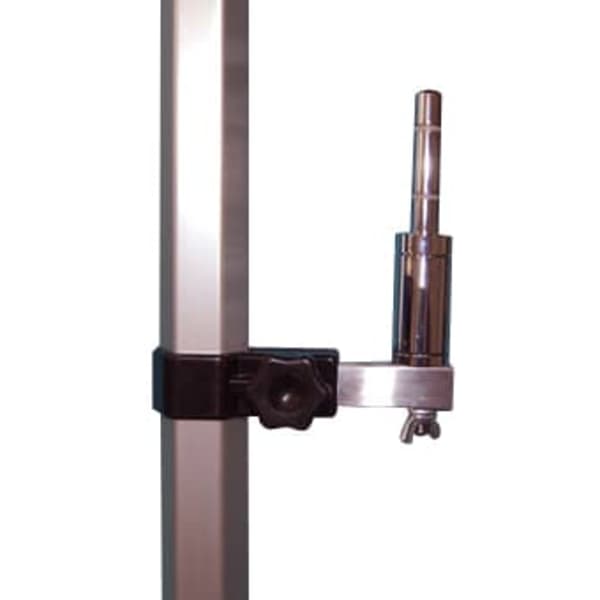 A silver and black banner marquee bracket mounted on a vertical pole, featuring a clamp and adjustment lever.