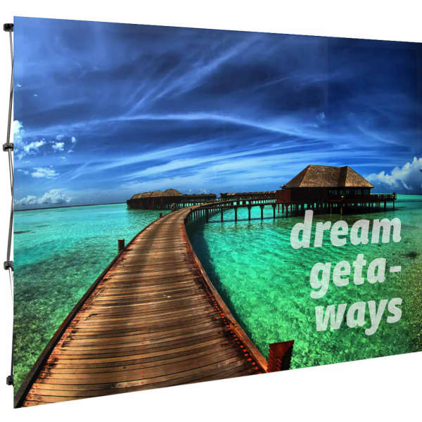 A promotional media wall replacement skin featuring a scenic view of a wooden walkway over turquoise water with cloudy blue skies.