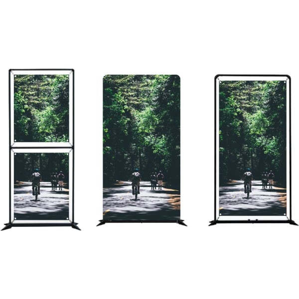 A multi-purpose floor display featuring three sizes, with vibrant imagery of cyclists surrounded by greenery. Includes branding.