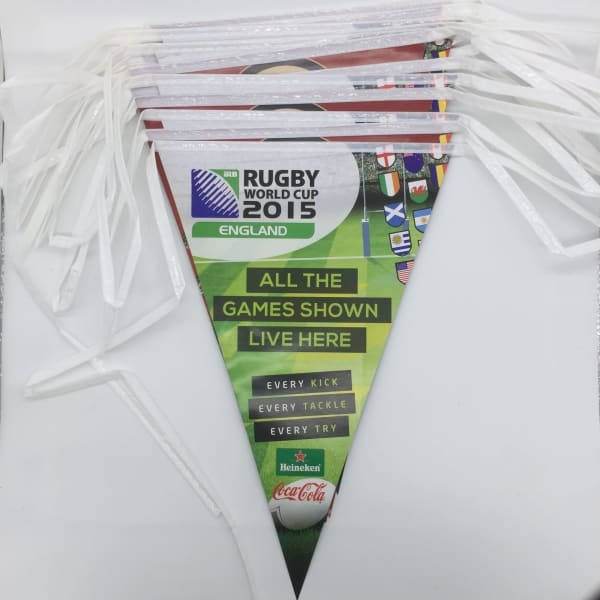 A triangular paper bunting in various colours featuring Rugby World Cup 2015 designs and a logo.