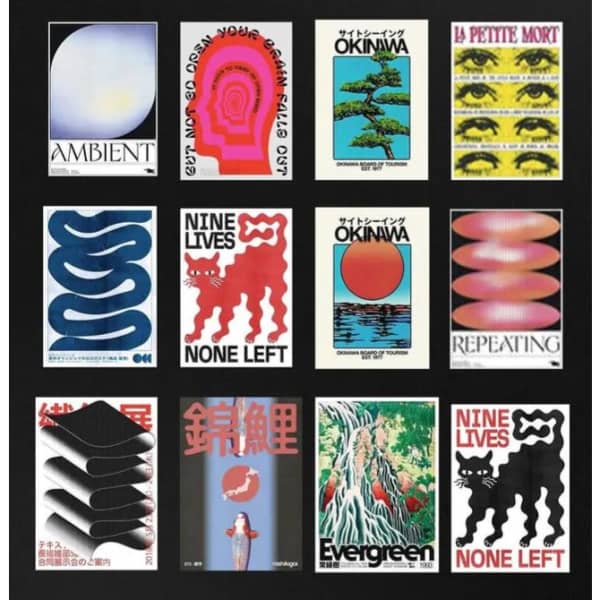 A collection of colourful posters featuring various designs and motifs, including abstract shapes and animal illustrations. 