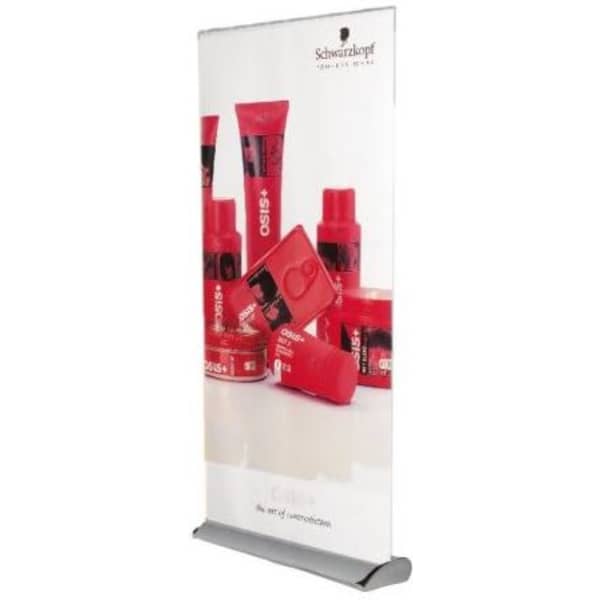 A pull-up banner featuring haircare products in bright red packaging, with a grey base and a logo at the top.