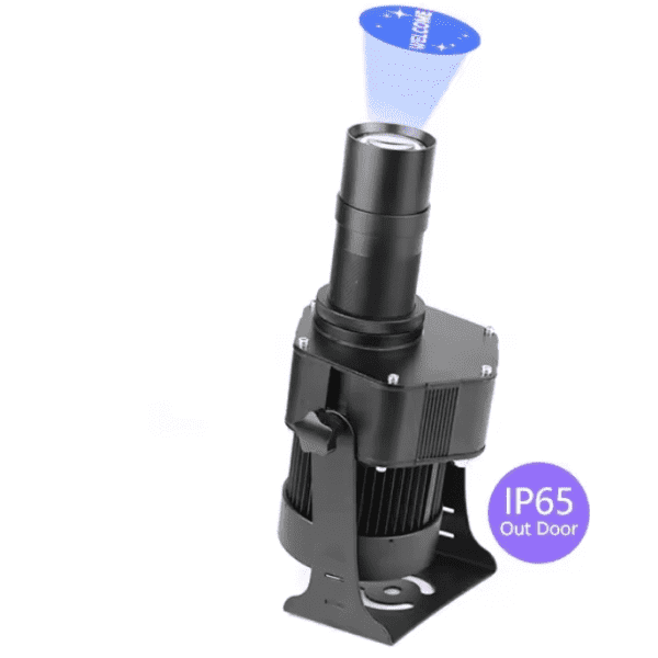 A black projector signage device with a lens, designed for outdoor use, features an IP65 rating and a mounting bracket.