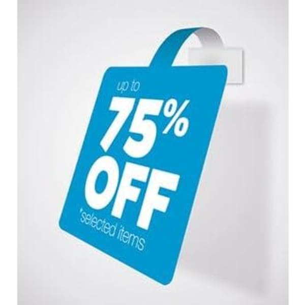 A square, blue promotional sign with a hook, indicating a discount on selected items.