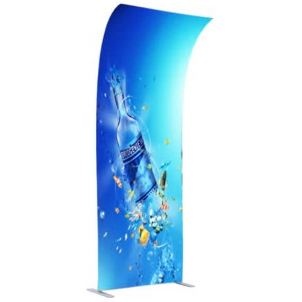 A promotional tension fabric display featuring a blue design with a water bottle and bubbles. It has a curved shape and a logo.