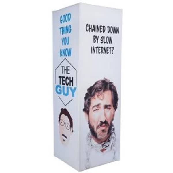 A tension fabric square column display featuring a white background, graphics, and a logo.