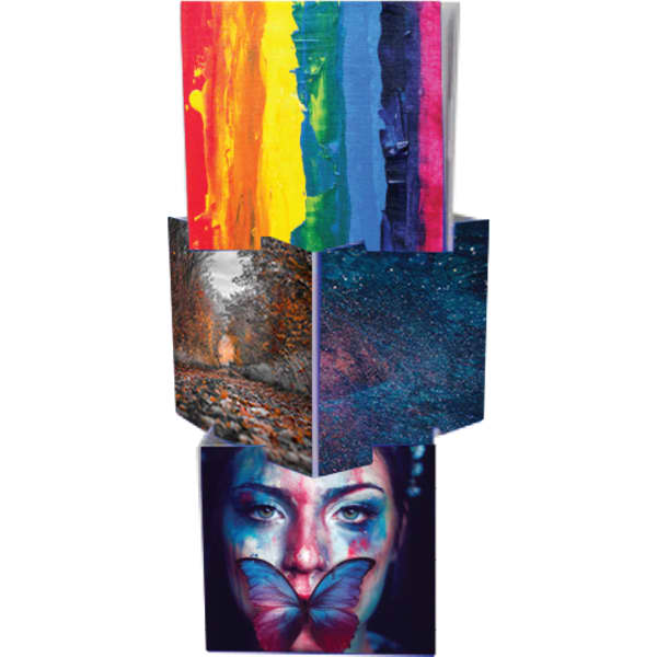 Four stackable corflute cubes featuring vibrant artwork, including multicoloured designs, landscapes, and a portrait with a butterfly.
