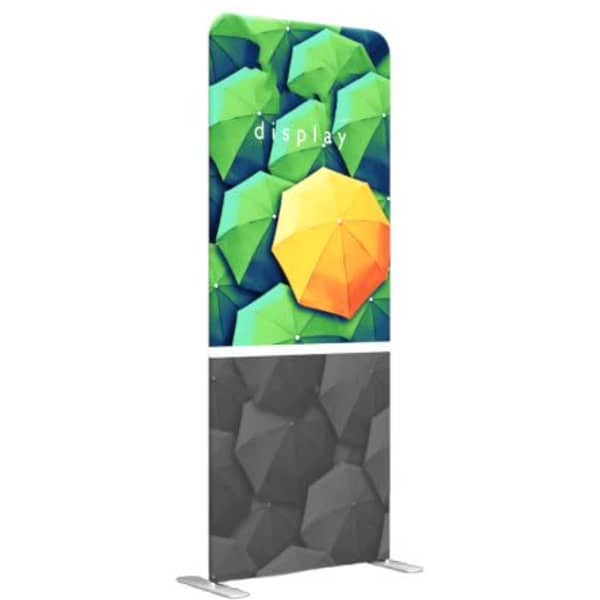 A light box display featuring a vibrant design of umbrellas in green and orange, with a sleek black base.