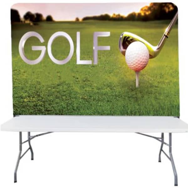 A stretch fabric table top banner stand featuring a golf theme with a large golf tee, ball, and club against a green background.