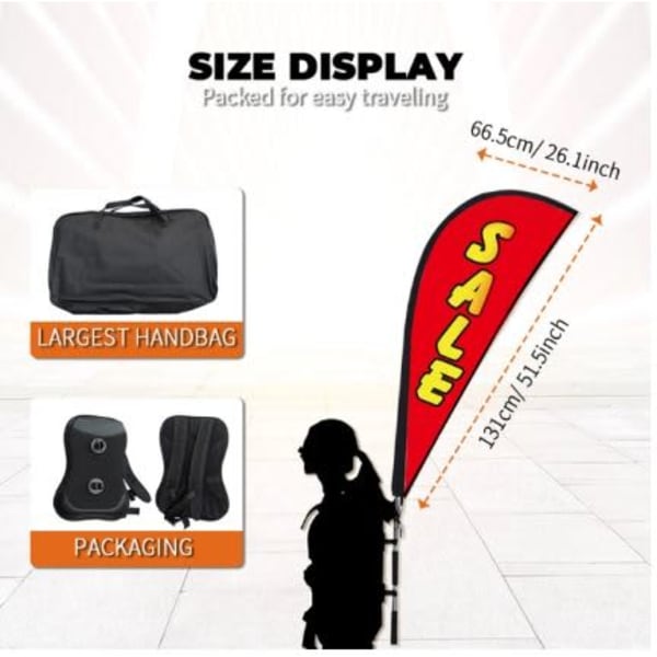 A red teardrop banner with a black carrying bag and packaging, featuring a logo. Includes size display measurements.