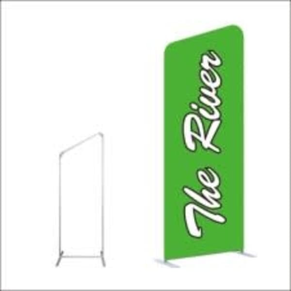 A green tension fabric display with a white frame, featuring bold text on one side.
