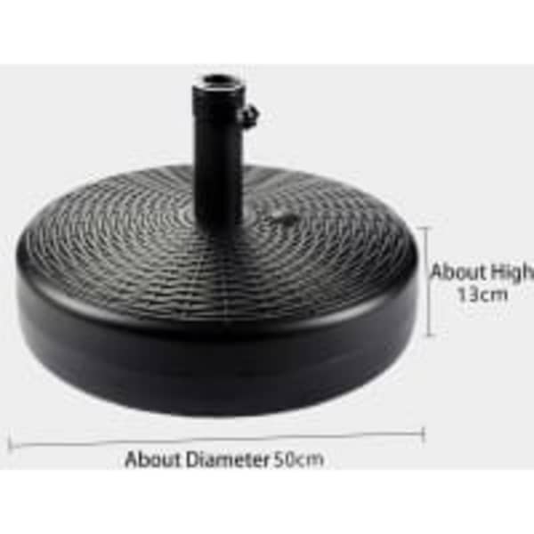 A round, black café umbrella water base, 50cm in diameter and 13cm high, featuring a central pole attachment.