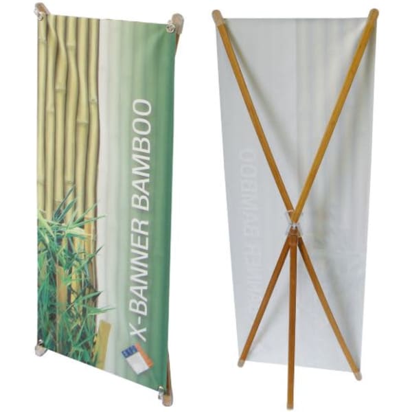 A Bamboo X-Banner featuring a bamboo design and a wooden frame, displayed upright in two orientations.