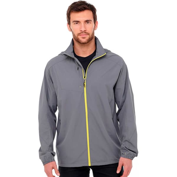 A men's lightweight jacket in grey with a yellow zip, featuring a hood and a logo on the chest.