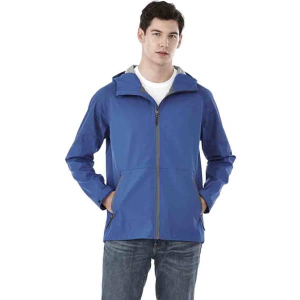 A blue softshell jacket for men with a hood and front pockets, featuring a logo.