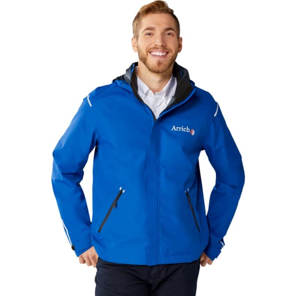 A blue softshell jacket for men with a hood and zippered pockets, featuring a logo on the chest.