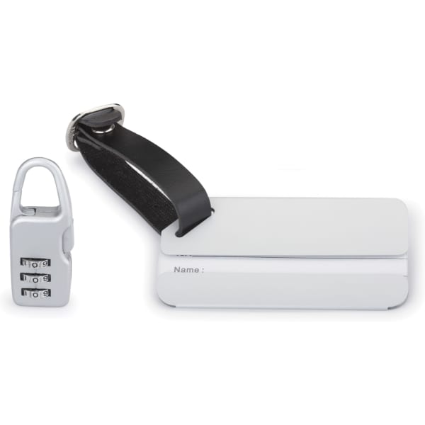A silver combination lock with a black leather strap luggage tag, featuring a blank area for personal information.