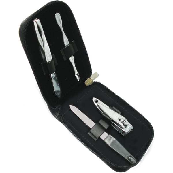 A black zippered case containing stainless steel manicure tools, including clippers, tweezers, and a nail file.